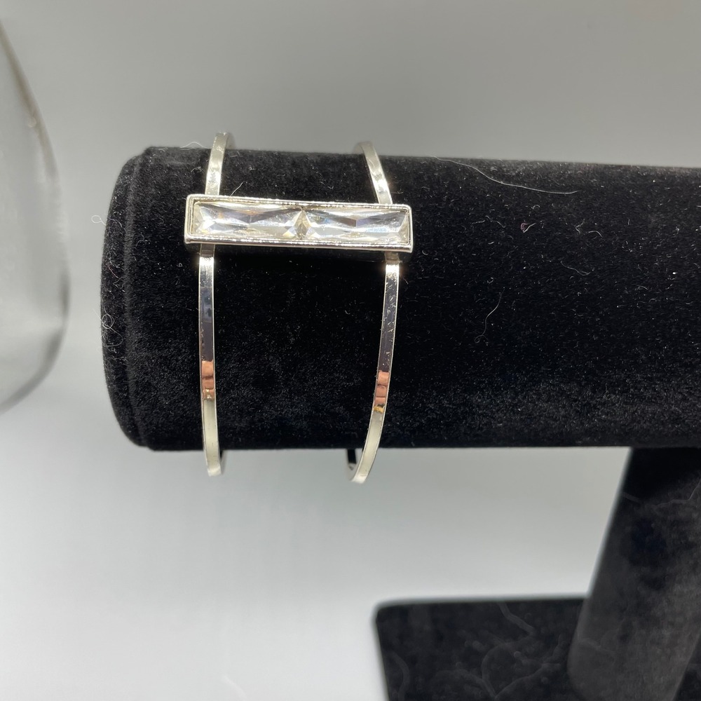 Silver Tone Double Band Cuff Bracelet Clear Baguette Crystal Geometric Modern S
